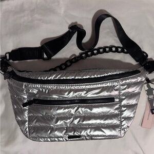 BCBGeneration Metallic Silver Quilted Crossbody Belt Bag